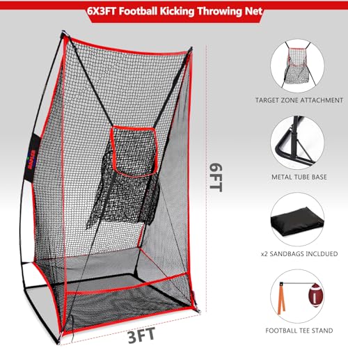 Kapler Football Kicking Net for Field Goals - 3x6FT Portable Football Net for Throwing with Target Zone Attachment and Holder Tee - Sideline Practice for Backyard Skill Improvement