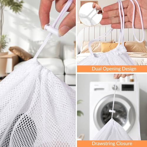 2 Pack Mesh Laundry Bags - Large & Small Heavy Duty Mesh Laundry Bag with Drawstring, Wash Bags for Travel, College, Dorms, Sports, Family, White - color: white