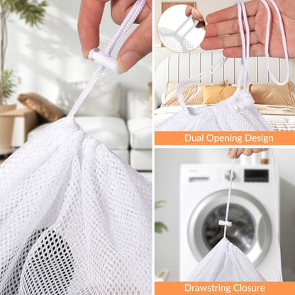 2 Pack Mesh Laundry Bags - Large & Small Heavy Duty Mesh Laundry Bag with Drawstring, Wash Bags for Travel, College, Dorms, Sports, Family, White - color: white