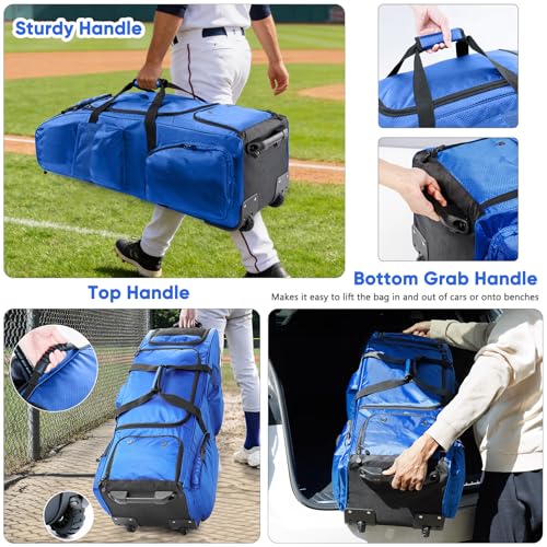 Large Rolling Baseball Catchers Gear Bag with Wheels, Softball Bag with Hard Backing for 4 Bats,Equipment Bag with Separate Shoe & Helmet Compartments, Youth Baseball Bag with 360° Spinner Wheels - color: Blue, size: Style B - Heavy-Duty Rolling Base