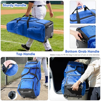 Large Rolling Baseball Catchers Gear Bag with Wheels, Softball Bag with Hard Backing for 4 Bats,Equipment Bag with Separate Shoe & Helmet Compartments, Youth Baseball Bag with 360° Spinner Wheels - color: Blue, size: Style B - Heavy-Duty Rolling Base
