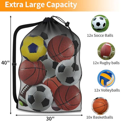 Extra Large Sports Ball Bag, Heavy Duty Breathable Mesh Storage Bag, 40" x 30" Hold 10-12 Soccer Basketball Football, Adjustable Shoulder Strap, Ideal for Coaches, Team, Swimming Gear - style: No Pocket
