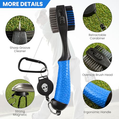 FINGER TEN Retractable Golf Club Cleaner Brush with Magnetic Clip, Durable Nylon Groove Scrub Iron Sharpener Compact Design, Portable Wire Tool for Golf Club Ball Bag Cleaning - color: Blue Brush