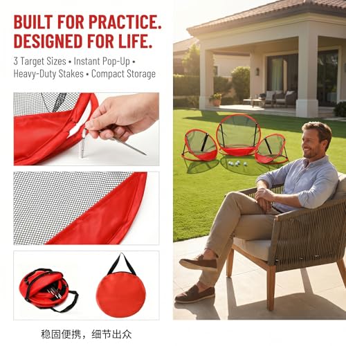 Jucoan 3 Pack Golf Chipping Net, 3 Sizes Pop Up Golf Target Practice Net for Indoor and Outdoor, Gifts for Father's Day Men, Husband, Kid, Golfers, 6 Ground Stakes