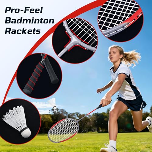 Haokelball Outdoor Badminton Net Set with Anti-Sag Winch System - 20ft Badminton Net, 4 Rackets, 4 Shuttlecocks & Carry Bag, Badminton Set for Backyard, Grass, Beach, Holiday Games - color: B-Red