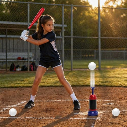 Pop Up Baseball Trainer Set for Kids, Backyard Fun, No Pitch Needed, Beginner Batting Practice Toy with Launcher, Bat, Balls & Carry Bag (Red) - color: Red