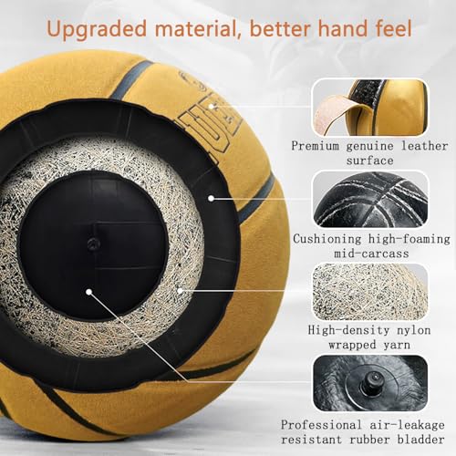 Professional Top-Grain Cowhide Basketball, Indoor Game Leather Ball for Competition & Training - color: Yellow