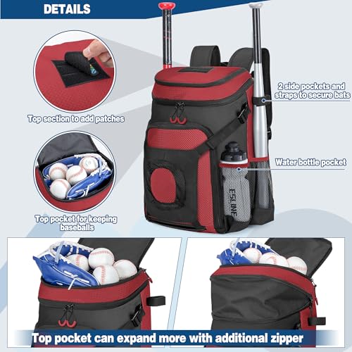 Smasrob Baseball Bag for Adult and Youth, Baseball Backpack Softball Bag with Helmet Holder, Shoe Compartment and Fence Hook - color: Red
