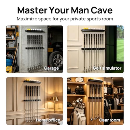 Wall-Mounted Golf Club Holder with Golf Ball Display Holder, 8 Clips Wooden Club Rack for Golfers & Collectors, Ideal Golf Accessories for Simulator, Garage, and Sports Room Wall Display