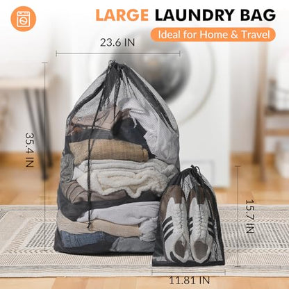 2 Pack Mesh Laundry Bags - Large & Small Heavy Duty Mesh Laundry Bag with Drawstring, Wash Bags for Travel, College, Dorms, Sports, Family, Black - color: Black
