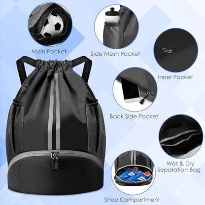 BROTOU Soccer Bags, Football Backpack, Volleyball Bag, Drawstring Backpack with Ball and Shoe Compartment, Football bags for Equipment Swim Gym Bag - color: Black