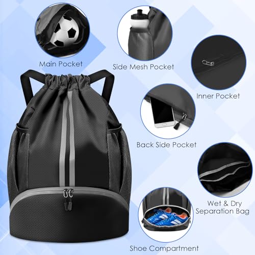 BROTOU Soccer Bags, Football Backpack, Volleyball Bag, Drawstring Backpack with Ball and Shoe Compartment, Football bags for Equipment Swim Gym Bag - color: Black