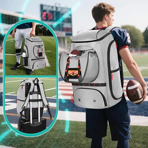 Smasrob Football Bag for Equipment with External Ball Holder, Insulated Pocket and Fence Hooks, Football Backpack for Youth and Adult - color: Grey
