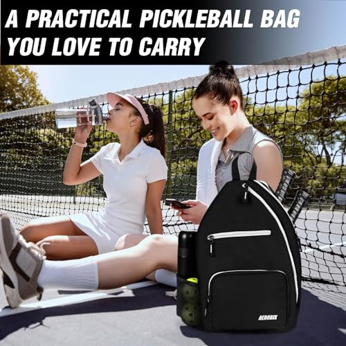 AEROBIX Pickleball Bag for Women & Men, Pickle Ball Backpack - Upgraded Zippers, Large Capacity, Padded Paddle Pocket, Adjustable Sling Bag (No Accessories) - color: BLACK