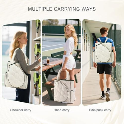 2-in-1 Tennis Tote Bag & Tennis Racket Backpack – Extra-Large Quilted Pickleball Racquet Bags, Water-Resistant & Lightweight for Men & Women - color: White