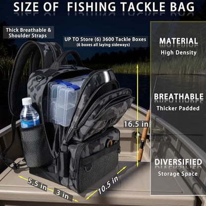 Fishing Backpack with Tackle Boxes and Rod Holder, 24L Fishing Sling Bag with Fishing Lures Kit, Fishing Gear Bag Gifts for Men Women - Black Camo Backpack