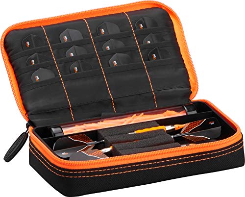 Casemaster Plazma Dart Case for Soft and Steel Tip Darts, Holds 3 Darts and Features Built-In Storage Tube and Pockets for Flights, Tips, Shafts, and Personal Items - color: Orange Trim