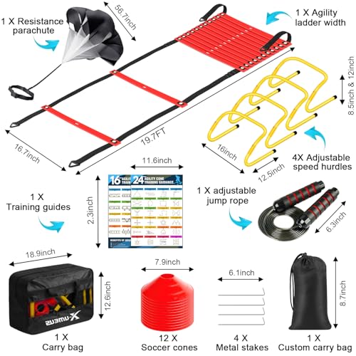 X-UMEUS Agility Ladder Speed Training Equipment Set-20ft Agility Ladder,12 Soccer Cones,4 Hurdles, Jump Rope, Running Parachute| Basketball Football Soccer Training Equipment for Kids Youth Adults - color: Red