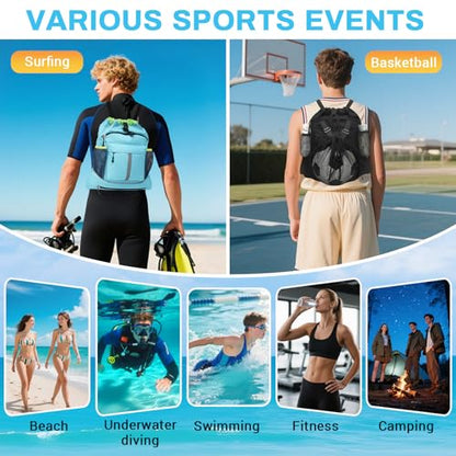 Drawstring Backpack, Waterproof Sandproof Beach Backpack for Sport Gear Small Gym Bag with Hidden Ball Net Pocket and Seperated Wet Pocket Draw String Back Bag for Women Men, Blue - color: Blue