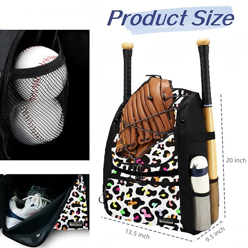 Youth Baseball Bag with Vented Shoe Compartment, Softball Bat Bag for Batting Mitten, Helmet, Teeball Gear - Adult Boys Girls Kids - color: Color Leopard