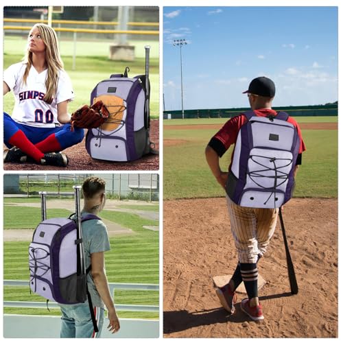 MATEIN Baseball Backpack, Softball Bat Bag with Shoes Compartment for Youth, Boys and Adult, Lightweight Baseball Bag with Fence Hook Hold TBall Bat, Batting Mitten, Helmet, Caps, Teeball Gear - color: Purple, size: 47L