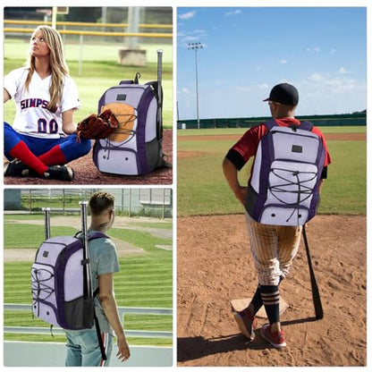 MATEIN Baseball Backpack, Softball Bat Bag with Shoes Compartment for Youth, Boys and Adult, Lightweight Baseball Bag with Fence Hook Hold TBall Bat, Batting Mitten, Helmet, Caps, Teeball Gear - color: Purple, size: 47L