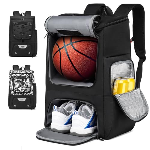 Basketball Backpack, Basketball Bag with Separate Ball Holder & Shoes Compartment Water Resistant Sports Bag Basketball Equipment Bags Fit Volleyball, Soccer, Swim, Gym, Travel, Black