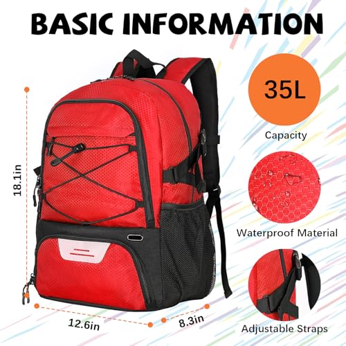 Goloni Basketball Backpack Bag,35L Basketball Bag with with Separate Ball & Shoe Compartments,Large Sports Bag for Basketball - color: Red