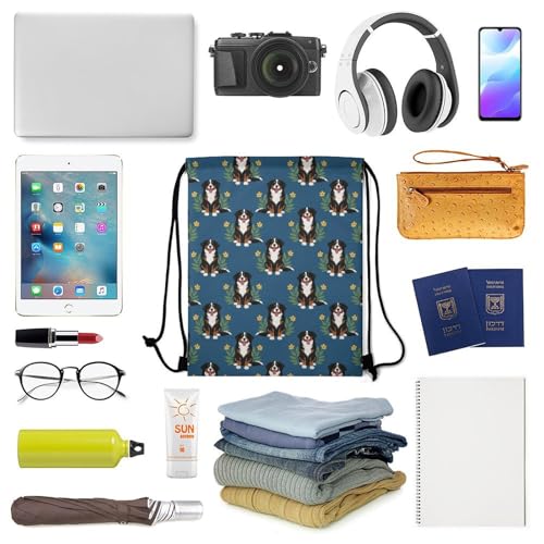 Gym Drawstring Backpack Water Resistant Sackpack with Compartment for Swimming Beach Sports Travel Unisex, Floral Bernese Mountain Dog Navy Blue Bags - color: Picture (355)