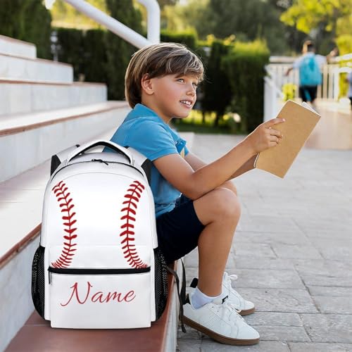 Custom Baseball Sport Kid's Backpack with Name/Text Preschool Backpack for Boys Girls, 17 Inch Ball Bookbag for Preschool Elementary Kindergarten Vacation Travel Picnic - color: White