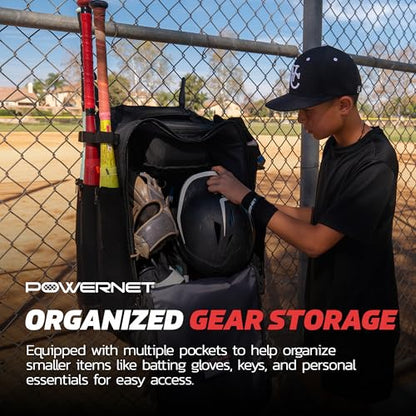 PowerNet Odyssey Softball & Baseball Bag, Rolling Backpack for Baseball Gear, Bat Bag with 4 Bat Sleeves, Cleat Compartment & Hanging Hooks