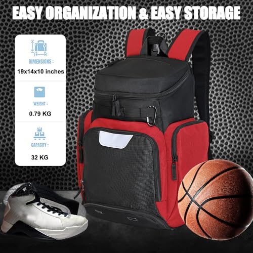 LARIPOP Basketball Backpack with Ball & Ventilated Shoe Compartment Insulated Pockets for Men Youth Training - color: red