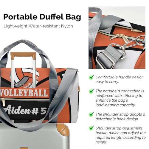 XOZOTY Personalized Orange Volleyball Duffle Bags with Name for Women Girls Custom Travel Perform Training Bags