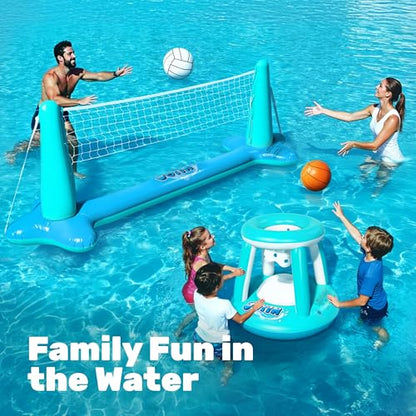 JOYIN Inflatable Pool Float Set Volleyball Net & Basketball Hoops, Floating Swimming Game Toy for Kids and Adults, Summer Floaties, Volleyball Court (105”x28”x35”)|Basketball (27”x23”x27”),L-Blue - color: Blue Cyan, size: Large