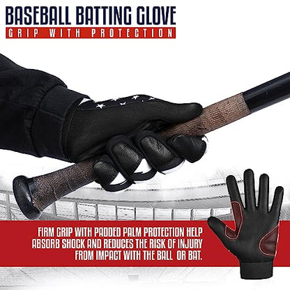 Batting Gloves - American Flag & USA Flag Baseball & Softball Gloves for Youth, Adult & Unisex - color: Black Waving Flag, size: Youth Medium