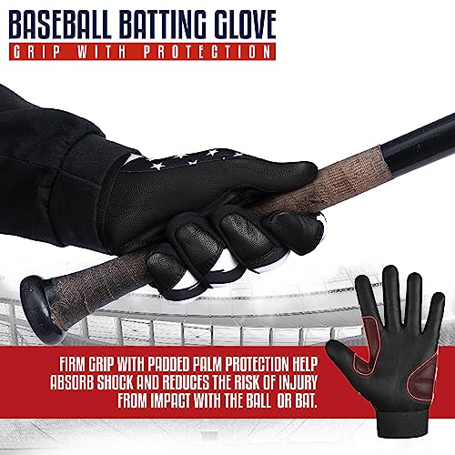 Batting Gloves - American Flag & USA Flag Baseball & Softball Gloves for Youth, Adult & Unisex - color: Black Waving Flag, size: Youth Small