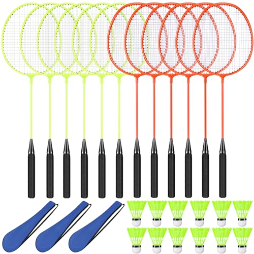 12 Pack Badminton Rackets Set Including Badminton Racquets, Nylon Shuttlecocks and Carry Bag for Outdoor Backyard Games Beginners - color: Fluorescent Yellow, Fluorescent Orange