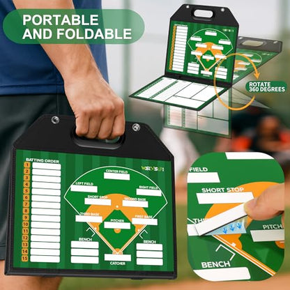 Magnetic Baseball Lineup Board – Foldable Dugout Display with Carry Handle for Coaches and Teams | Portable Leather-Covered Strategy & Lineup Planner - style: Baseball