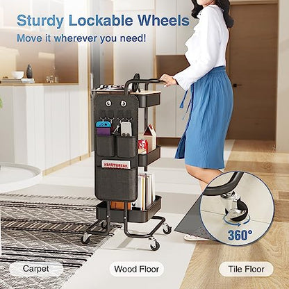 DTK 3 Tier Metal Utility Rolling Cart with Table Top and Side Bags, Tray Storage Organizer Wheels, Art Craft 4 Hooks for Kitchen Bathroom Office Living Room (Black)