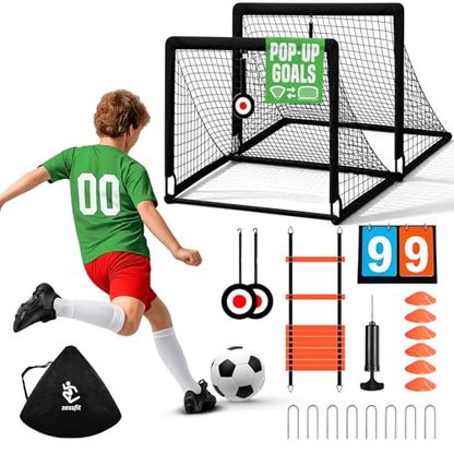 Kids Soccer Goal Set for Backyard – 4x3FT Portable Soccer Nets (Set of 2) with Ball, Scoreboard, Agility Ladder, Cones & Target Nets – Indoor Outdoor Soccer Training Equipment for Kids, Boys & Girls