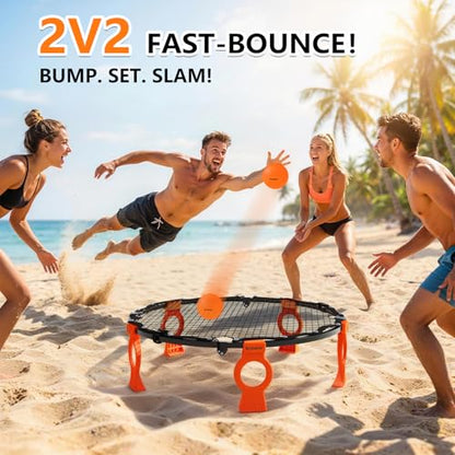 Foldable Metal Roundnet Game Set - Outdoor Games Sets with Pre-Installed Net & Screw-Fixed Pro Bounce - No Net Assembly - Includes 3 Balls, Pump, Case & Rules - Orange