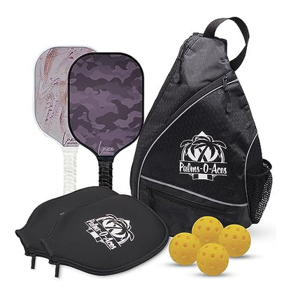 Palms-O-Aces USAPA Approved Pickleball Paddle Set | 2 Carbon Fiber T700 Graphite Paddles with Enhanced Spin Surface | Lightweight Pickleball Paddle Set with 2 Neoprene Covers, 4 Balls & Carry Bag Set