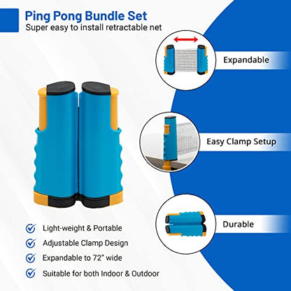 Plastic Portable Ping Pong Paddles Set of 4 Table Tennis Paddles with Retractable Ping Pong Net - 2 Ping Pong Balls with 1 Birdie. Perfect for Office, Lawn, and Beach Games for Adults and Families.
