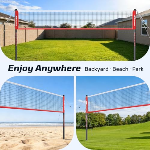 Haokelball Outdoor Badminton Net Set with Anti-Sag Winch System - 20ft Badminton Net, 4 Rackets, 4 Shuttlecocks & Carry Bag, Badminton Set for Backyard, Grass, Beach, Holiday Games - color: B-Red
