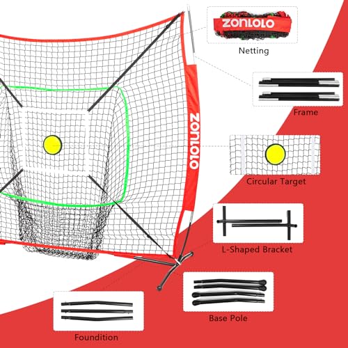 ZONLOLO 6x6ft Portable Baseball & Softball Net for Hitting and Pitching, with Sturdy Bow Frame and Carry Bag, Special Circular Target and Strike Zone for Accurate Throwing Practice, Great for Kids
