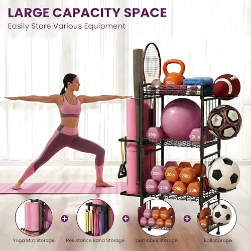 Home Gym Storage Rack 3-Tier Dumbbell Rack with Ball Holder & Side Basket Heavy Duty Vertical Workout Equipment Organizer for Yoga Mats Lockable Wheels