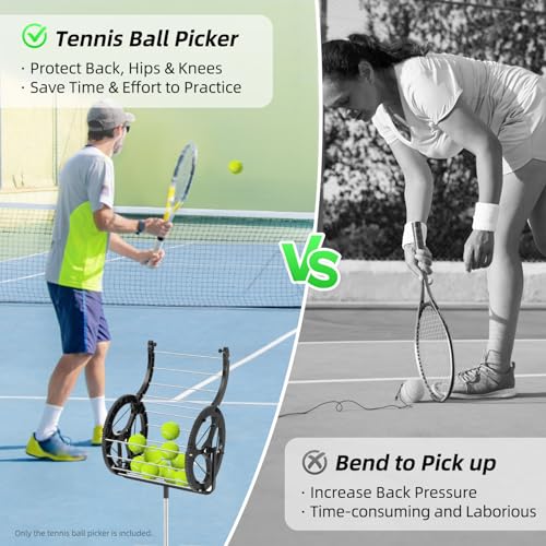 Portable Retractable Tennis Ball Hopper,2 in 1 Tennis Ball Pickup Holds 80 Balls,Automatic Tennis Ball Picker with Adjustable Handle,55 Large Capacity,Black and Black