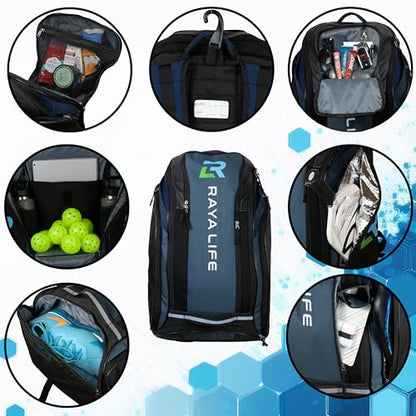 Pickleball Bag - Water Proof Pickleball Backpack, Ample storage for Paddles and Gear, Fence Hook, Shoe Compartment - color: Navy/Black