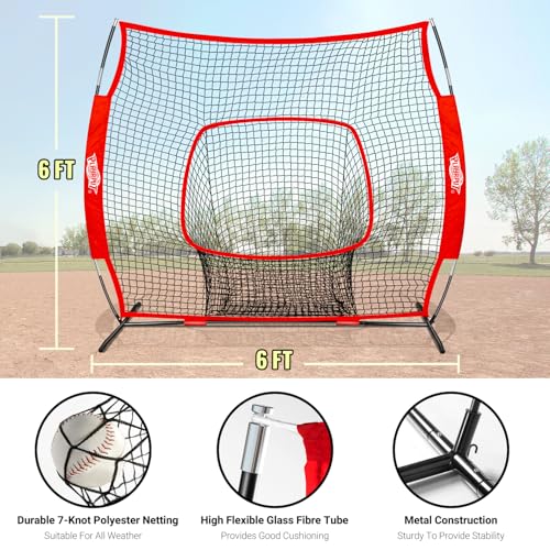 PLAYAPUT Baseball Batting Tee and Practice Net Combo for Batting, Hitting, Pitching,Throwing,6FT Baseball Net with Large Pocket Holds 50+Balls,Height Adjustable 25" to 37" Hitting Tee for All Players