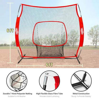 PLAYAPUT Baseball Batting Tee and Practice Net Combo for Batting, Hitting, Pitching,Throwing,6FT Baseball Net with Large Pocket Holds 50+Balls,Height Adjustable 25" to 37" Hitting Tee for All Players